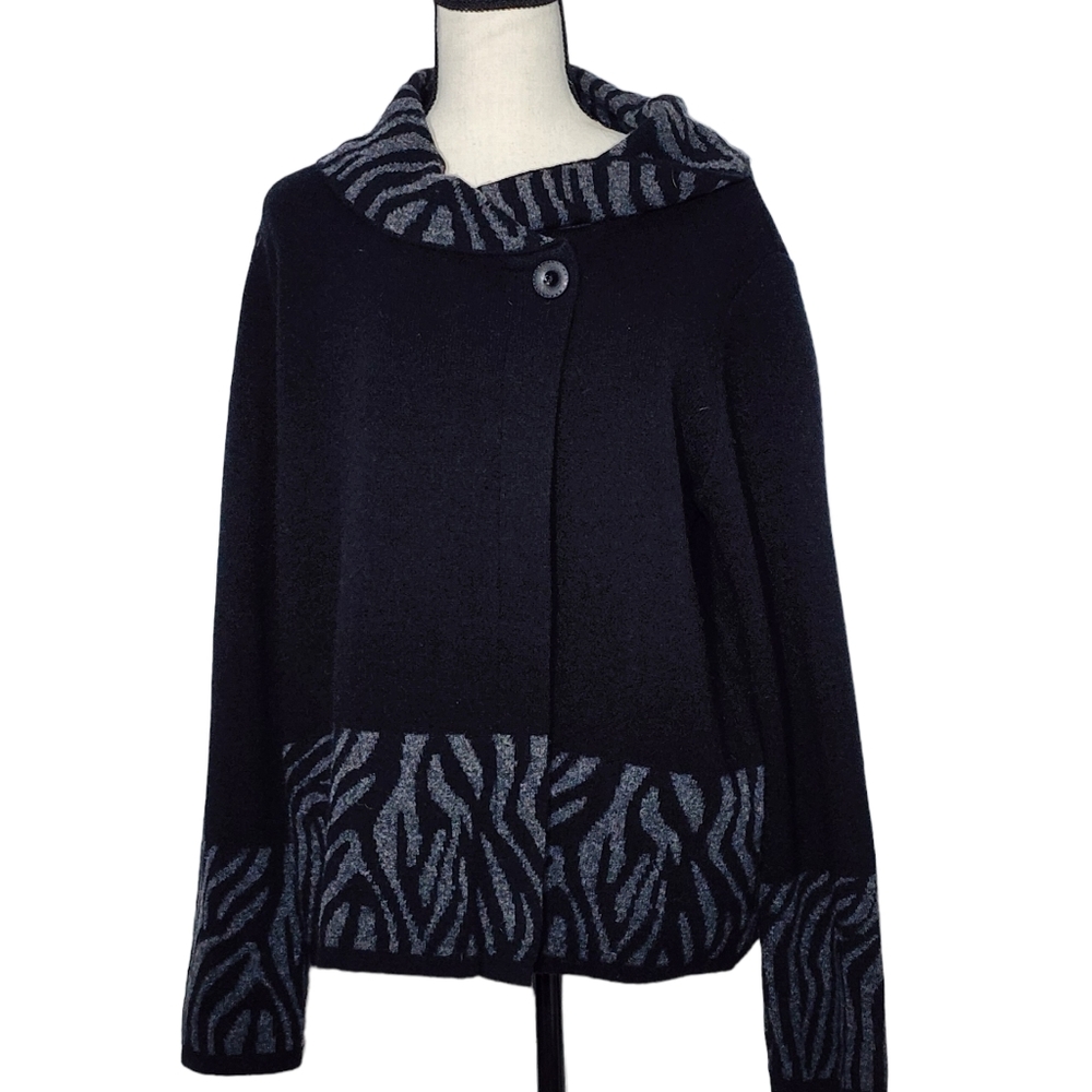 A.IDA Black and Zebra Print Wool Cardigan Sweater, Size Large